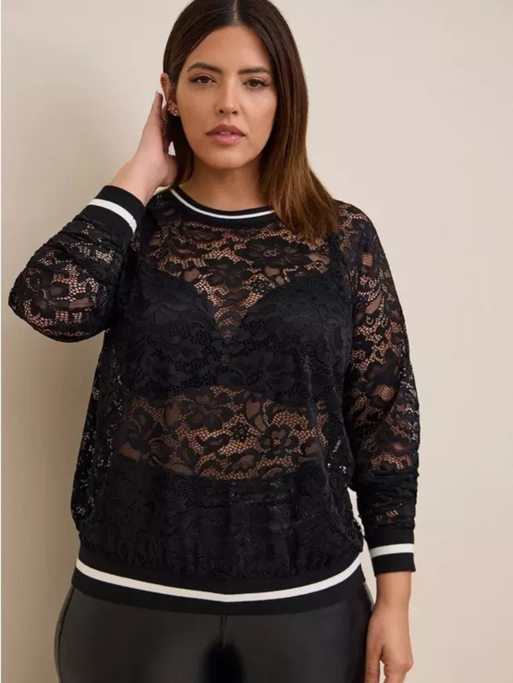 Torrid Black Stretch Lace Ribbed Trim Crew Neck Raglan Sweatshirt Size 3X